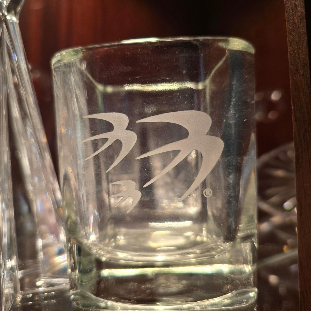OZARK Airlines Set of 7 Square Etched Bird‎ Logo Lowball Clear Glass MCM Barware